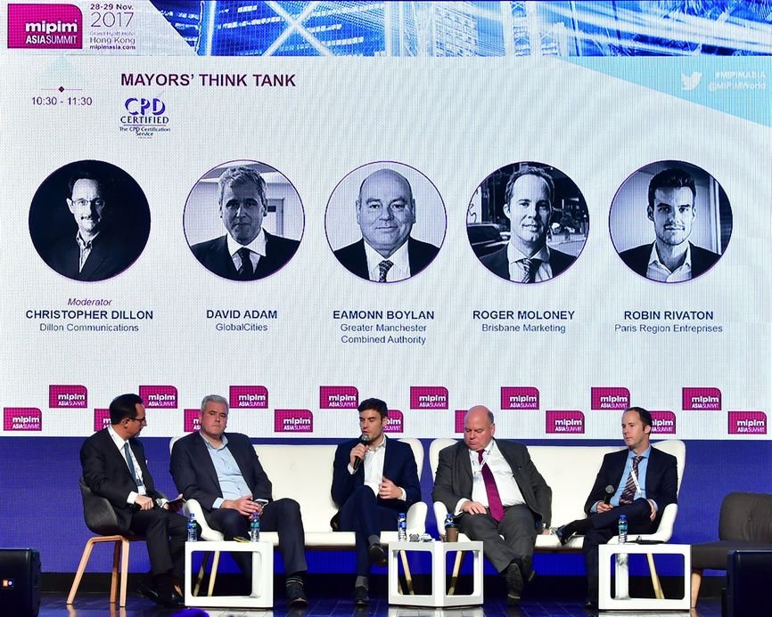 Christopher Dillon moderating a panel discussion at the MIPIM Asia Summit in Hong Kong in 2017.