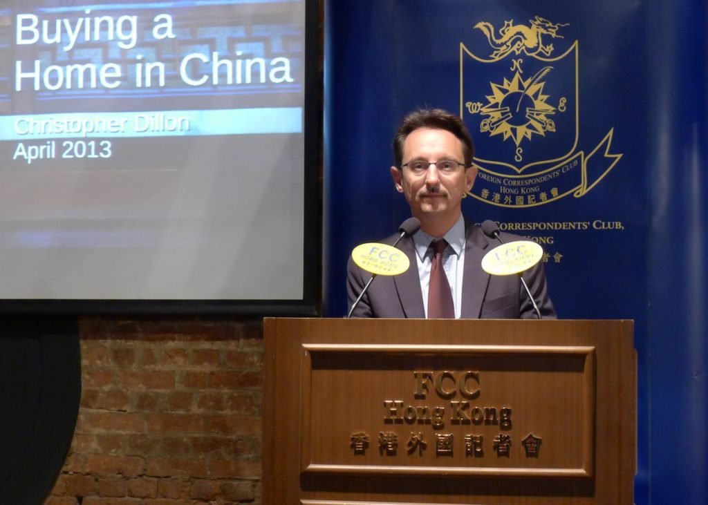 Christopher Dillon speaking at the launch of Landed China at the Foreign Correspondents' Club in Hong Kong in 2013.