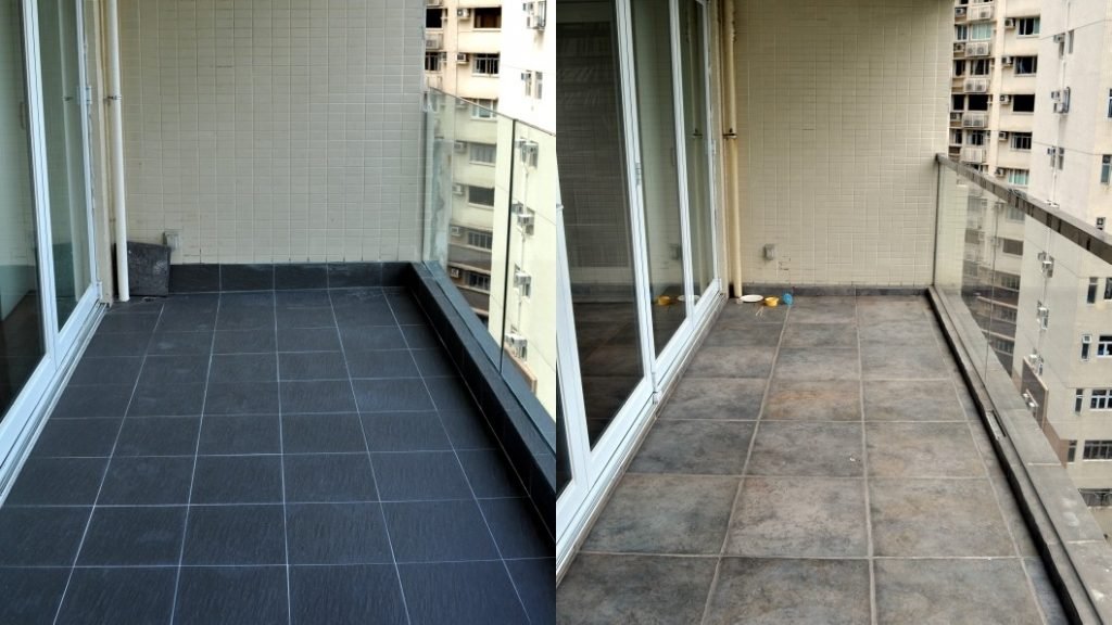 Before and after shots of a balcony