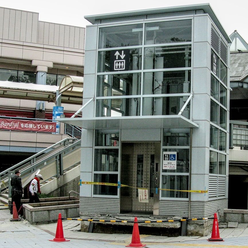 This elevator in Urayasu, Chiba, was not covered by Japanese earthquake insurance