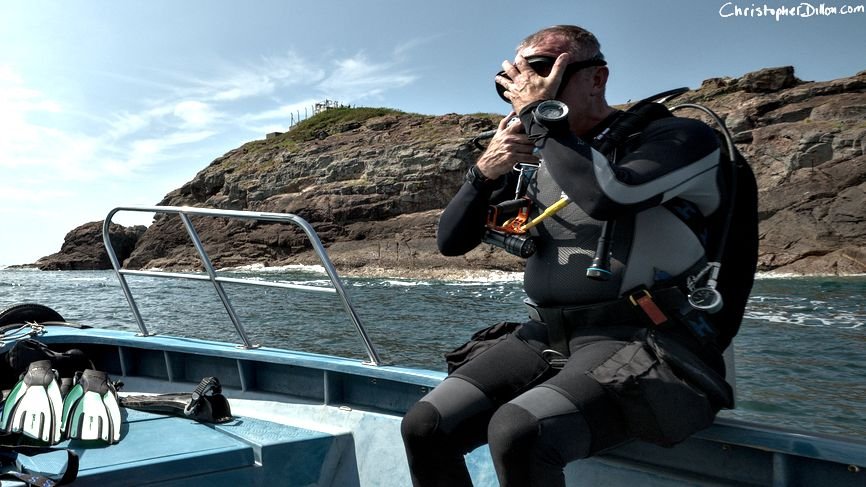 A diver prepares to back-roll into the water. Shek Ngau Chau is in the background.