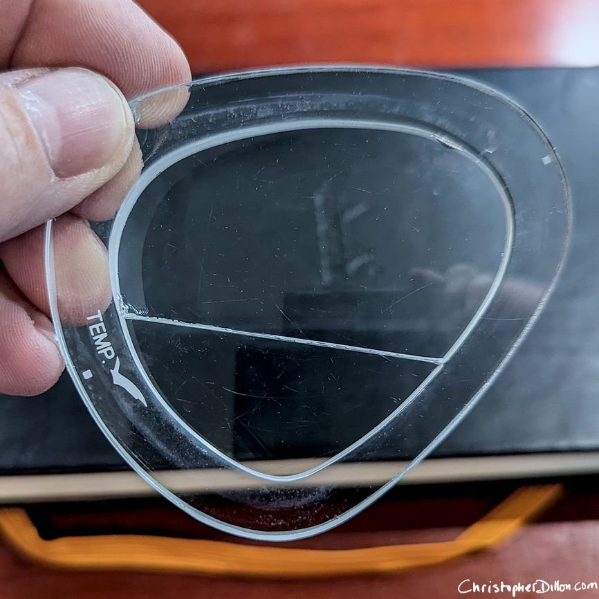 Scuba lens after polishing with cerium oxide. The hard water stains are gone